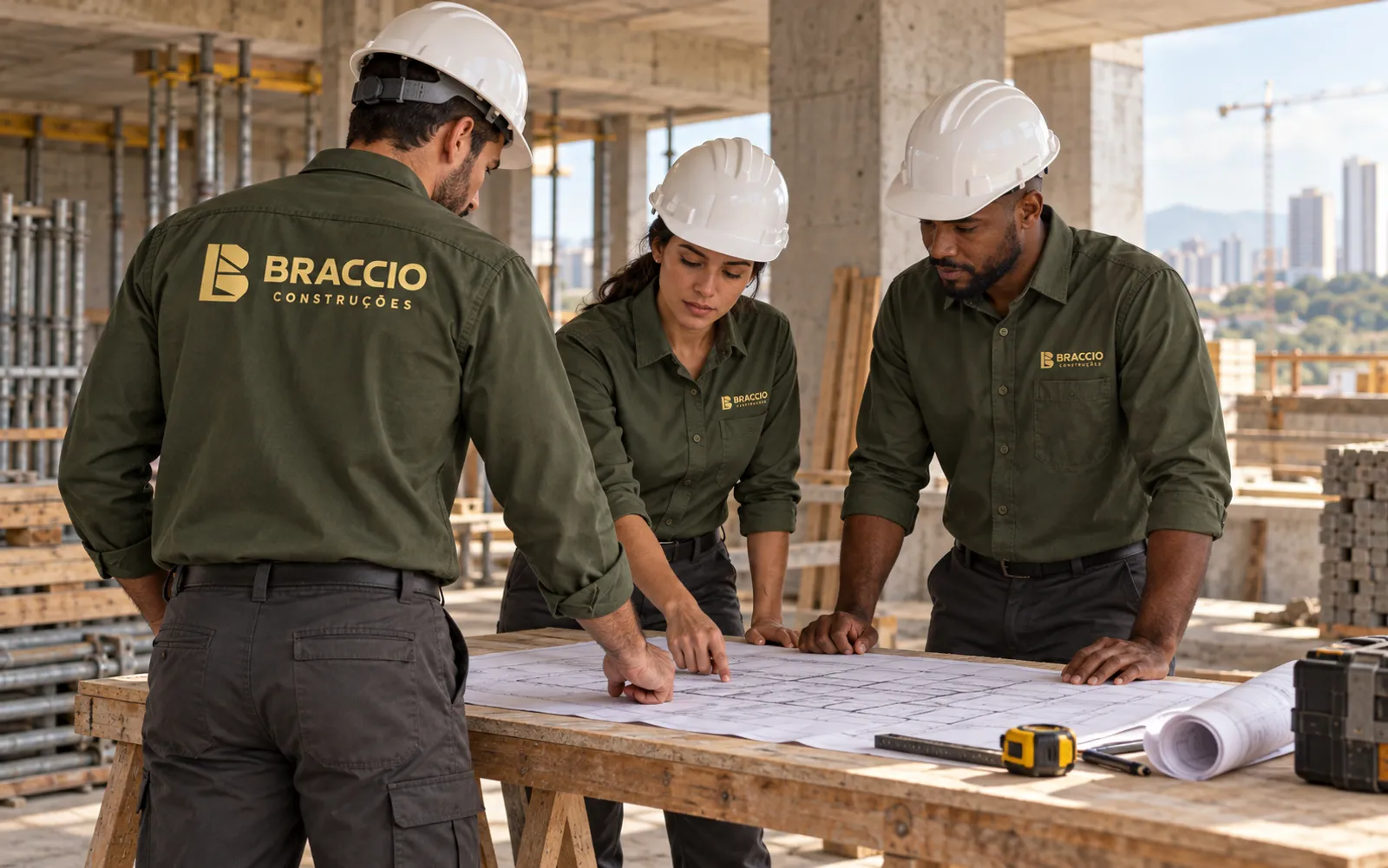 Cena ilustrativa de colaboradores com uniforme musgo da Braccio analisando um projeto